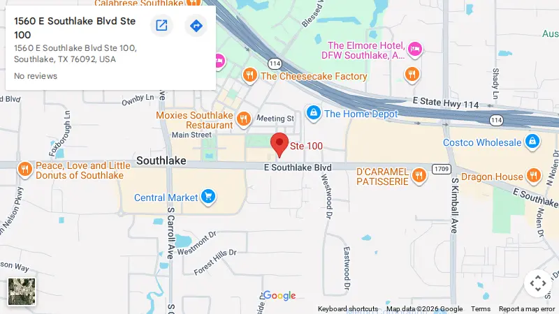 Map showing KD Insurance Agency at 1560 E Southlake Blvd, Southlake, TX